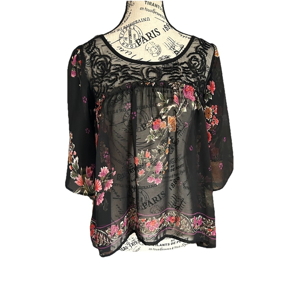 Angie Womens Black Sheer Floral Top Size S  Whimsigoth Boho‎ Fairy Flowy